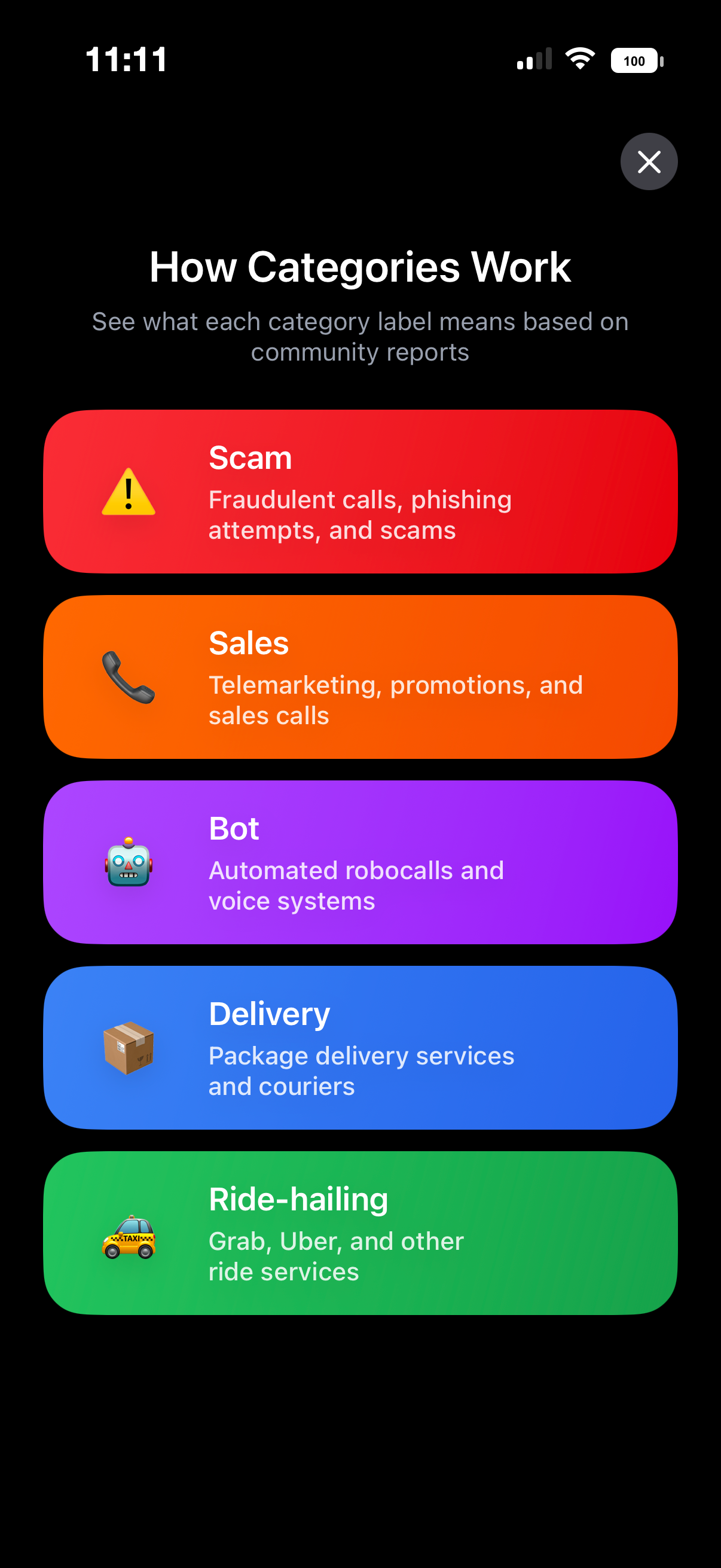 MyShieldra screen explaining caller label categories