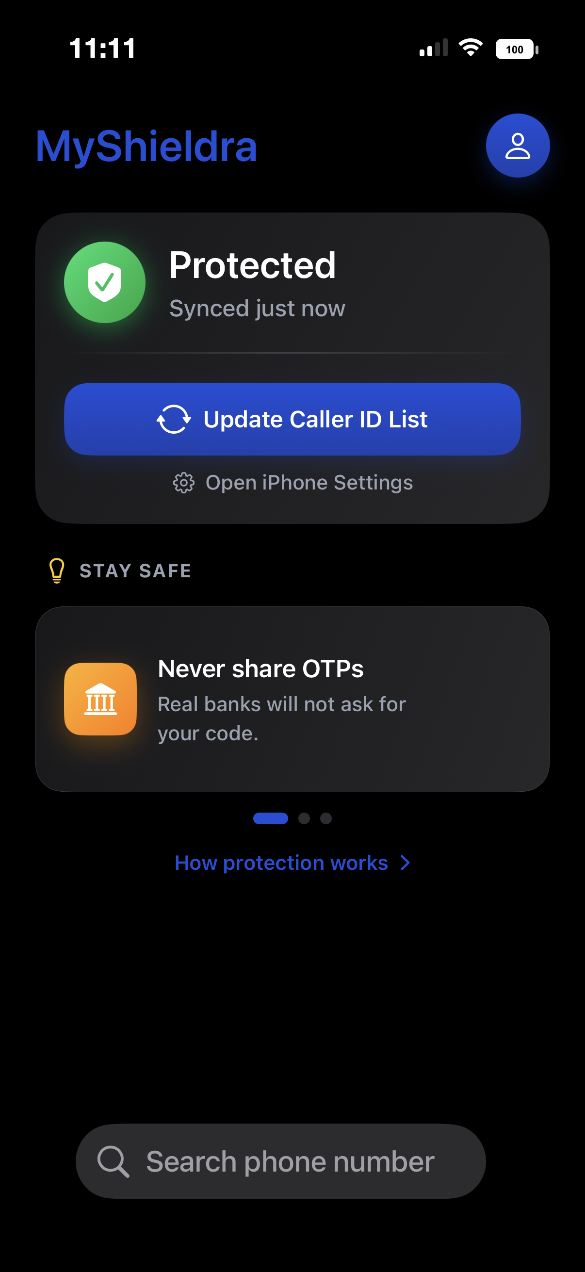 MyShieldra home screen showing protected and synced status