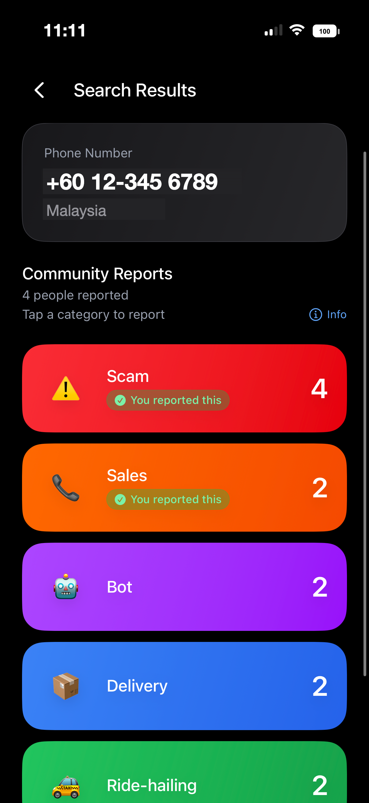 MyShieldra community report search results screen